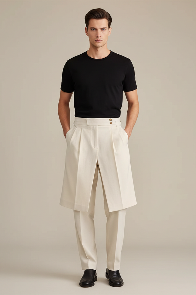 Pantalon Jupe Écru Superposé Plissé Élégant Homme - Beige Gabardine
