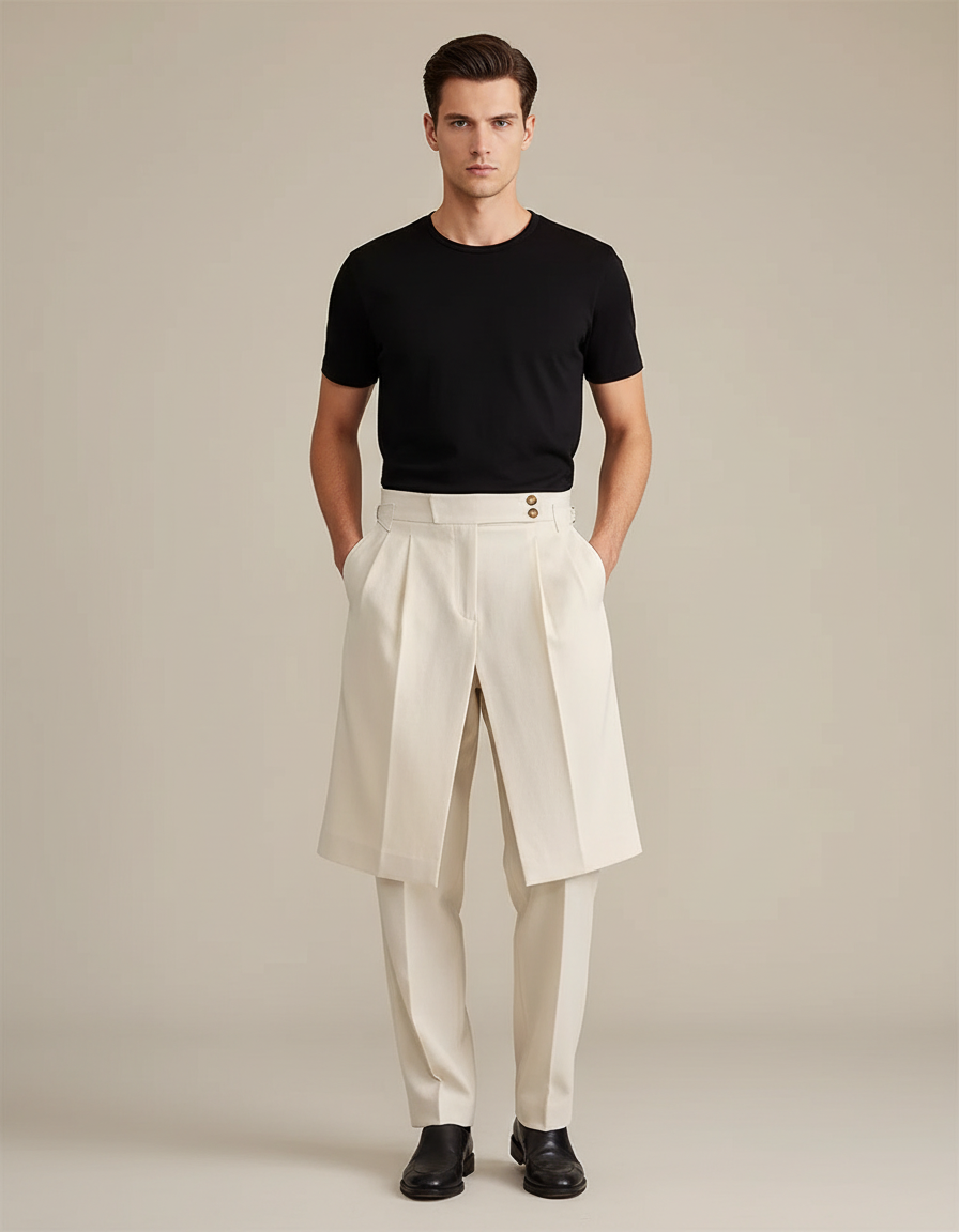 Pantalon Jupe Écru Superposé Plissé Élégant Homme - Beige Gabardine