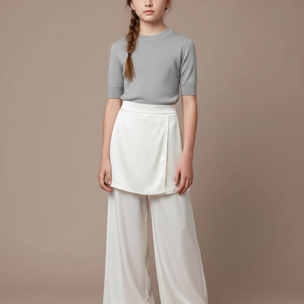 Pantalon Jupe Blanc Satin Fluide Superposé Élégant Fille