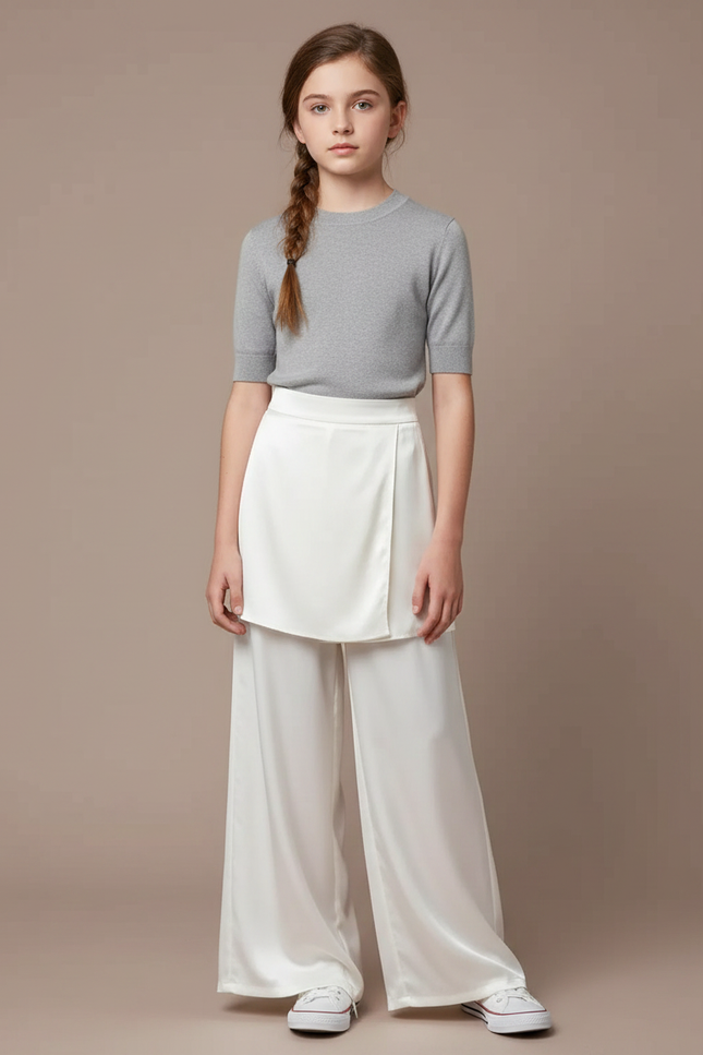 Pantalon Jupe Blanc Satin Fluide Superposé Élégant Fille