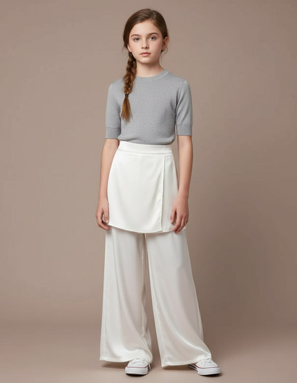 Pantalon Jupe Blanc Satin Fluide Superposé Élégant Fille
