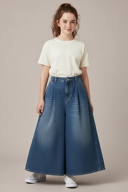 Pantalon Jupe Denim Bleu Ample Plissé Fille - Jean