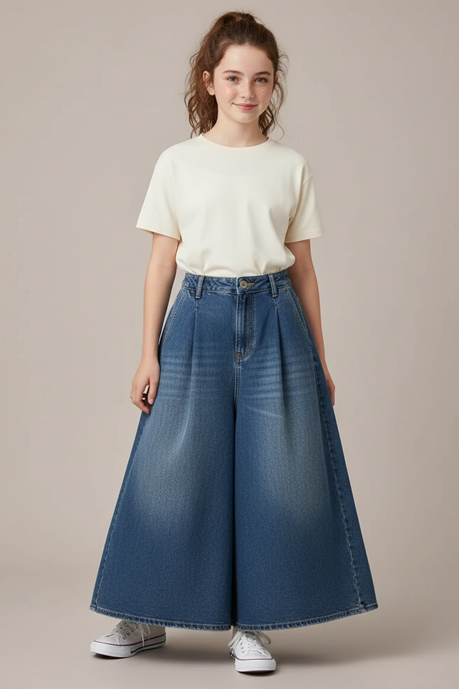 Pantalon Jupe Denim Bleu Ample Plissé Fille - Jean