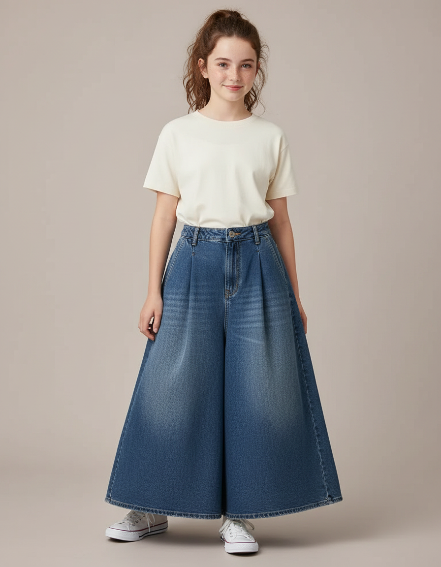 Pantalon Jupe Denim Bleu Ample Plissé Fille - Jean