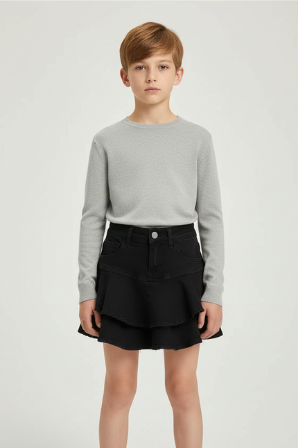 Pantalon Jupe Noir Denim Volants Fille - Jean
