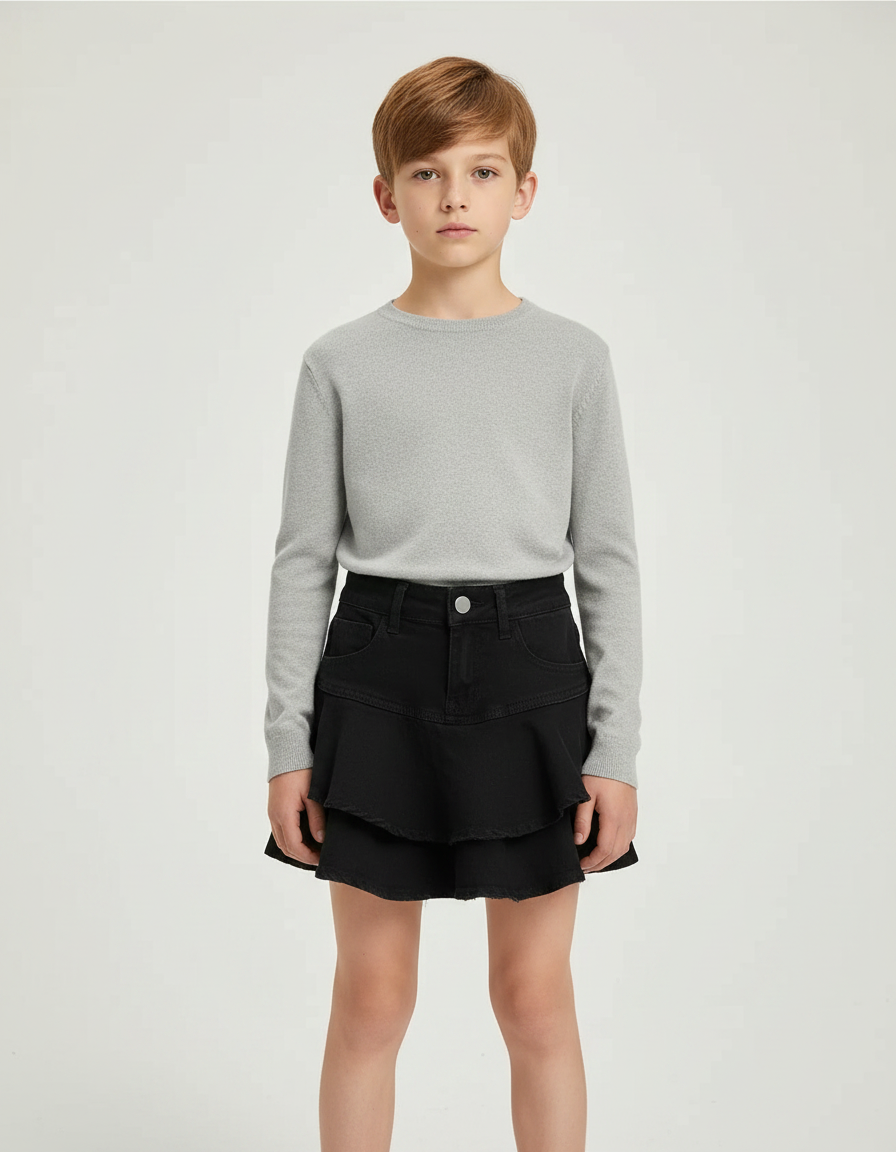Pantalon Jupe Noir Denim Volants Fille - Jean