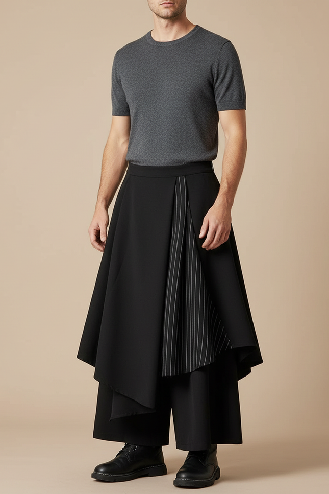 Pantalon Jupe Noir Asymétrique Superposé Pinstripe Élégant Homme - Polyester