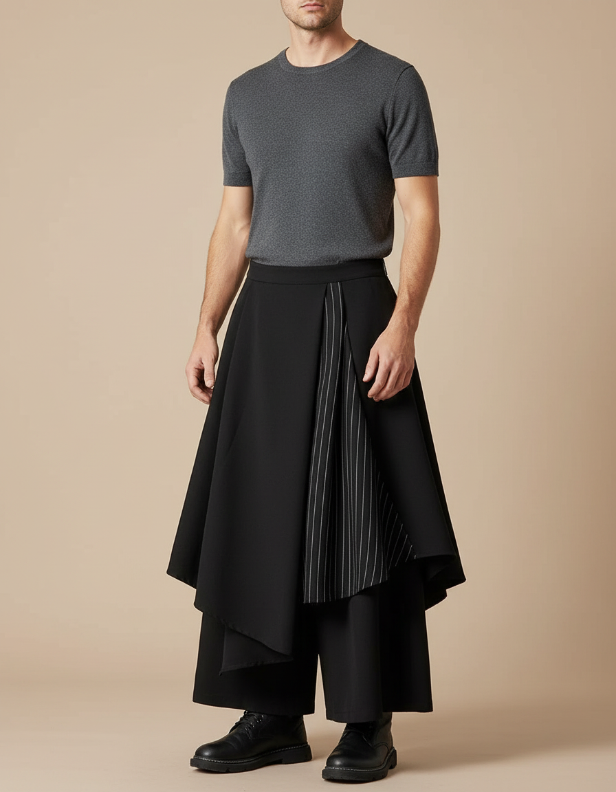 Pantalon Jupe Noir Asymétrique Superposé Pinstripe Élégant Homme - Polyester