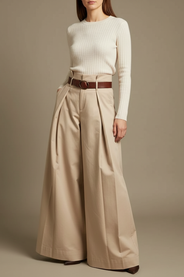 Pantalon Jupe Beige Plissé Ample Taille Haute Élégant - Gabardine