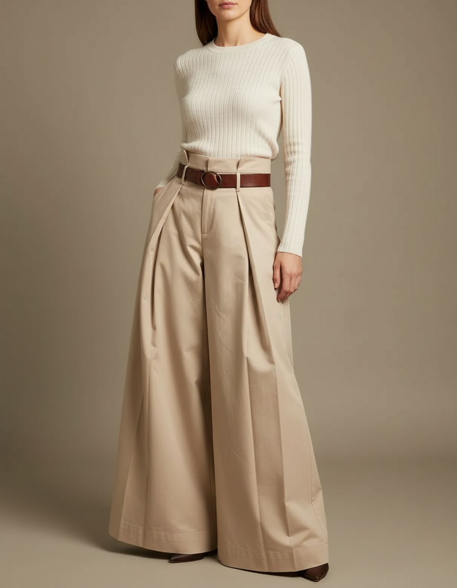 Pantalon Jupe Beige Plissé Ample Taille Haute Élégant - Gabardine