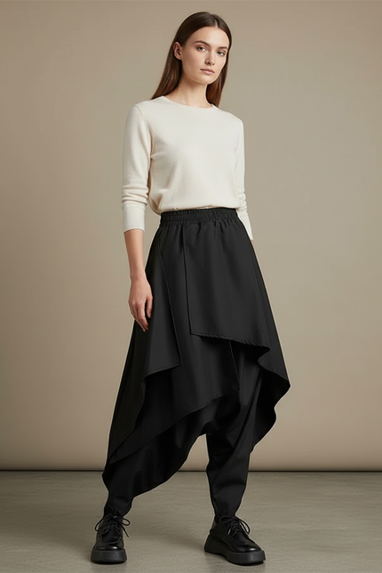 Pantalon Jupe Noir Ample Asymétrique Fluide Décontracté - Polyester