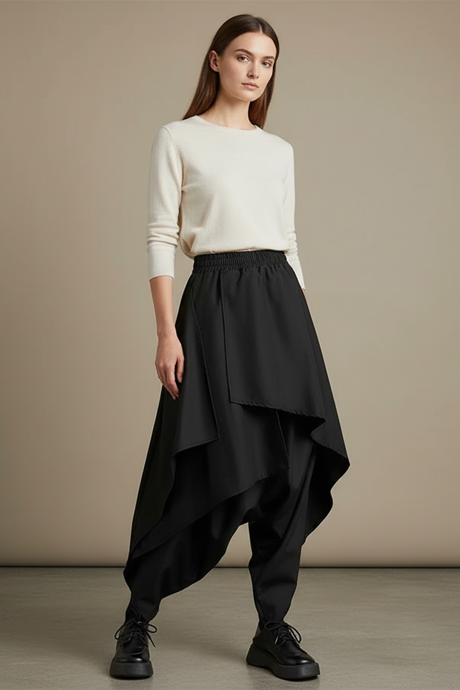 Pantalon Jupe Noir Ample Asymétrique Fluide Décontracté - Polyester