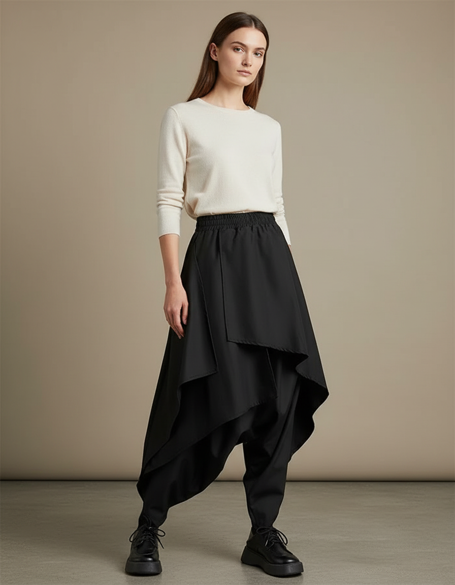 Pantalon Jupe Noir Ample Asymétrique Fluide Décontracté - Polyester