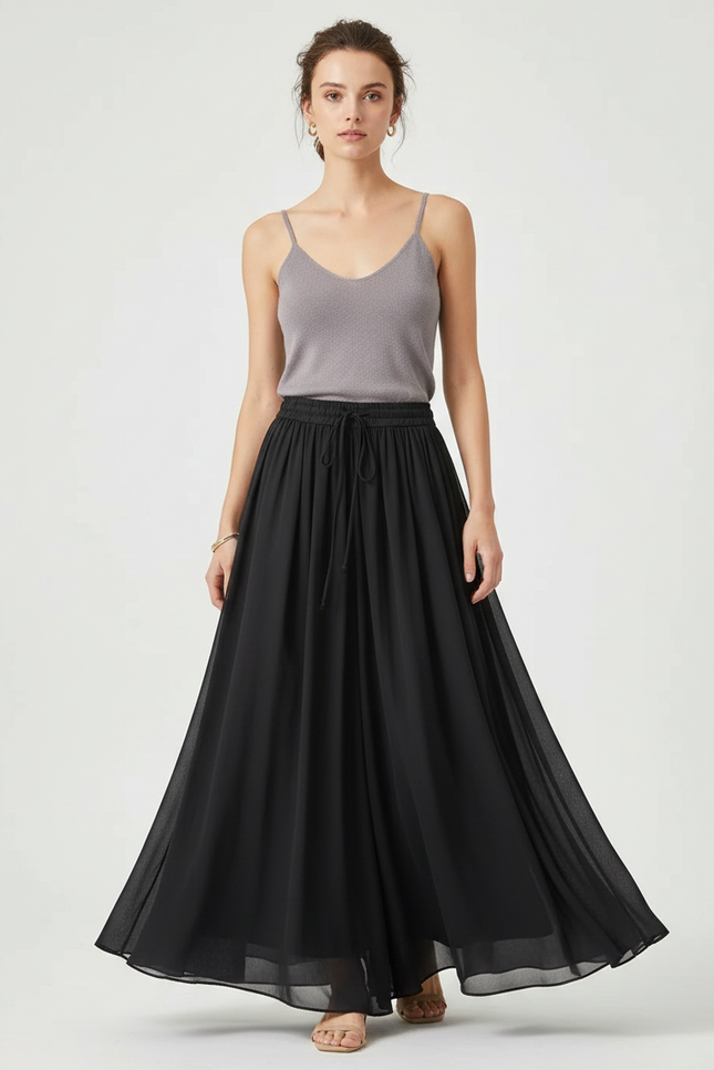 Pantalon Jupe Noir Fluide Maxi Élégant Femme - Polyester