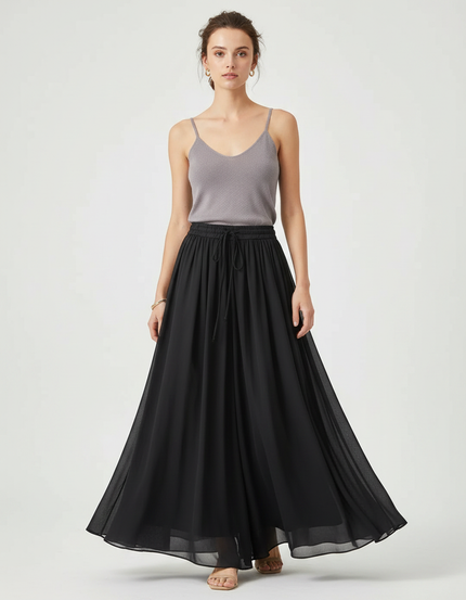 Pantalon Jupe Noir Fluide Maxi Élégant Femme - Polyester