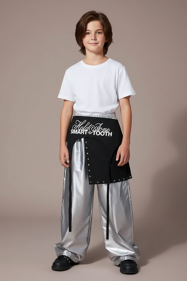 Pantalon Jupe Argenté Brillant Ample Asymétrique Garçon - Polyester
