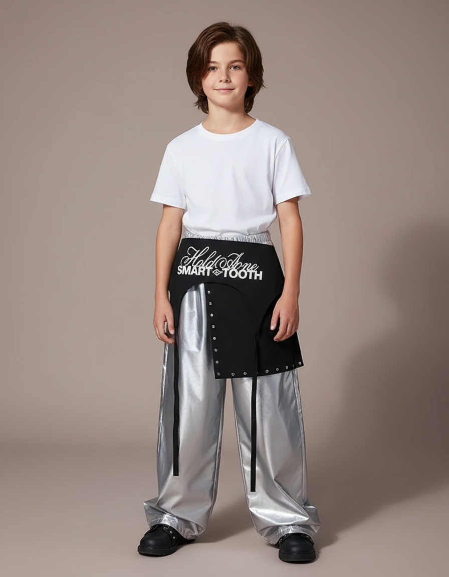 Pantalon Jupe Argenté Brillant Ample Asymétrique Garçon - Polyester