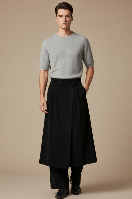 Pantalon Jupe Noir Plissé Long Évasé Homme - Cordé