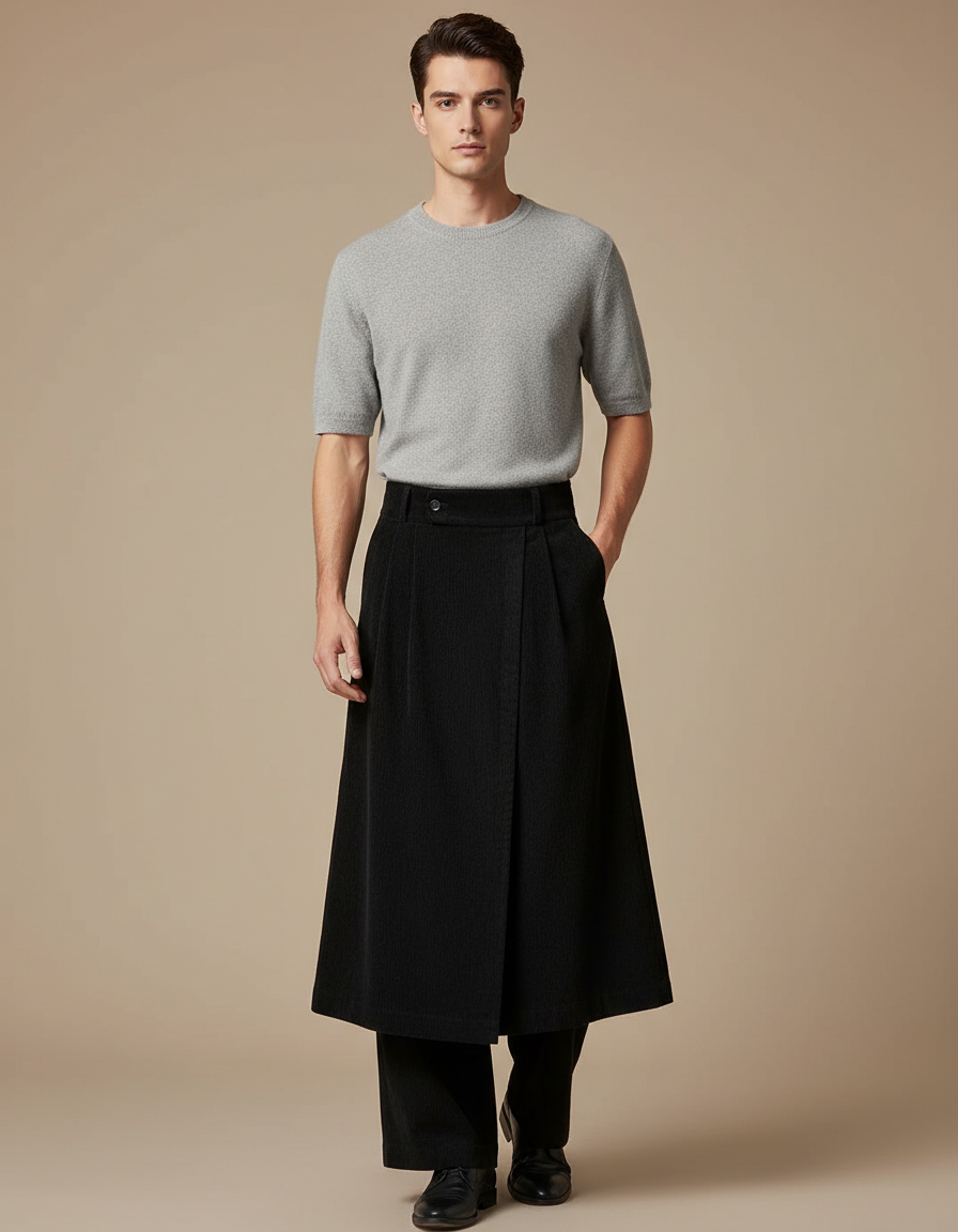 Pantalon Jupe Noir Plissé Long Évasé Homme - Cordé