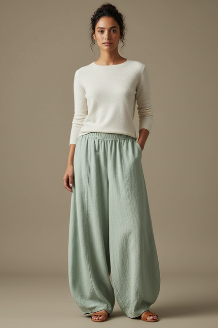 Pantalon Jupe Ample Lin Coton Vert Menthe Décontracté