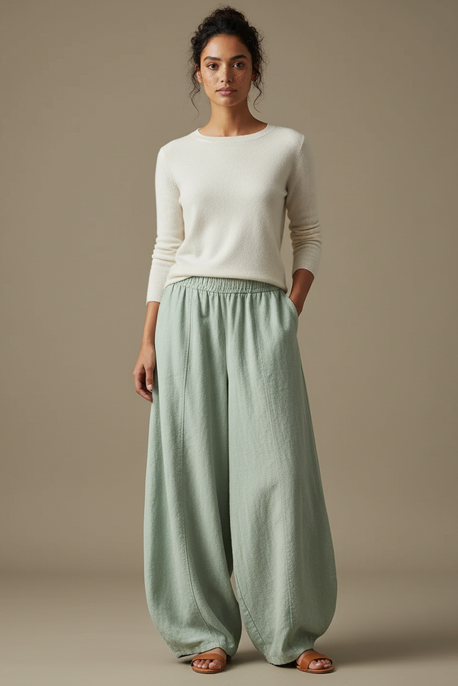 Pantalon Jupe Ample Lin Coton Vert Menthe Décontracté