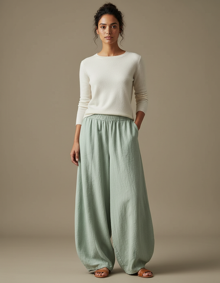 Pantalon Jupe Ample Lin Coton Vert Menthe Décontracté