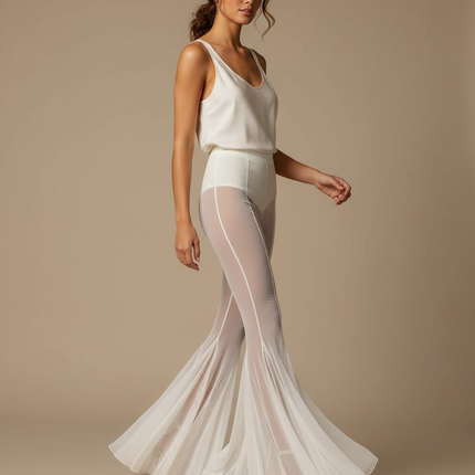 Pantalon Jupe Blanc Transparent Évasé Fluide Élégant - Polyester