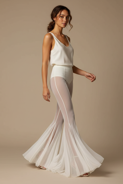 Pantalon Jupe Blanc Transparent Évasé Fluide Élégant - Polyester