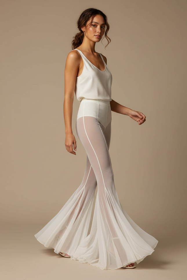 Pantalon Jupe Blanc Transparent Évasé Fluide Élégant - Polyester