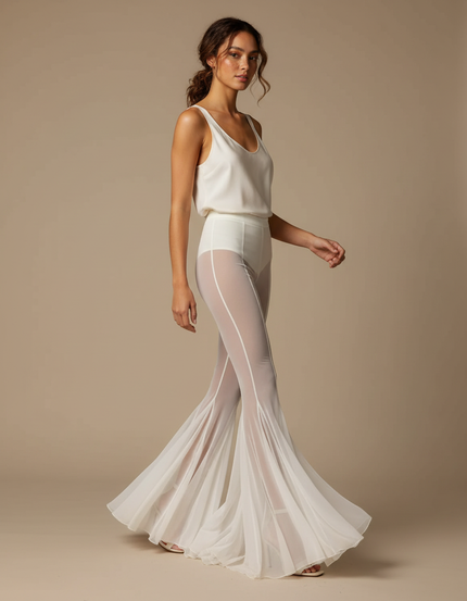 Pantalon Jupe Blanc Transparent Évasé Fluide Élégant - Polyester