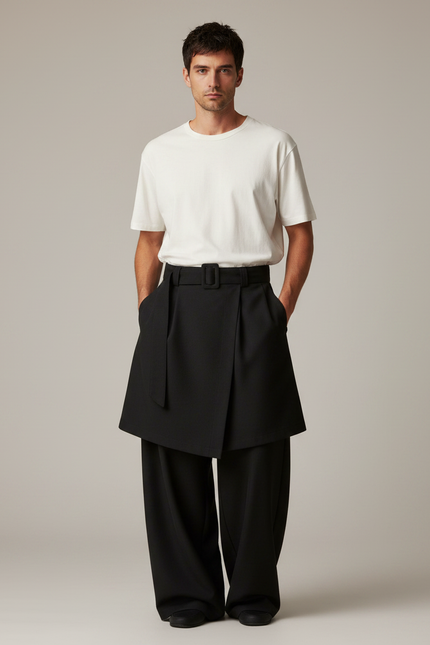 Pantalon Jupe Noir Plissé Ample Ceinturé Élégant - Polyester