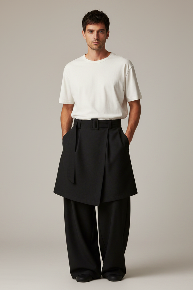 Pantalon Jupe Noir Plissé Ample Ceinturé Élégant - Polyester