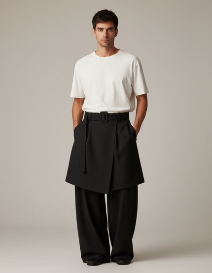 Pantalon Jupe Noir Plissé Ample Ceinturé Élégant - Polyester