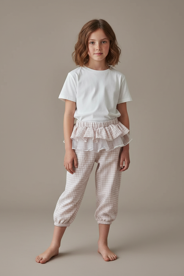 Pantalon Jupe Vichy Volants Tulle Fille - Beige Coton