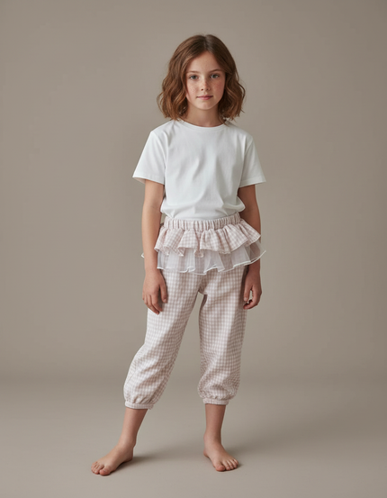 Pantalon Jupe Vichy Volants Tulle Fille - Beige Coton