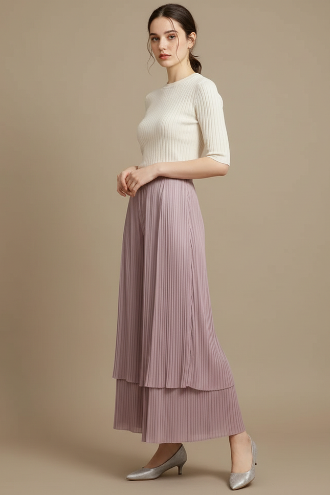 Pantalon Jupe Plissé Mauve Ample Élégant Superposé - Violet Polyester
