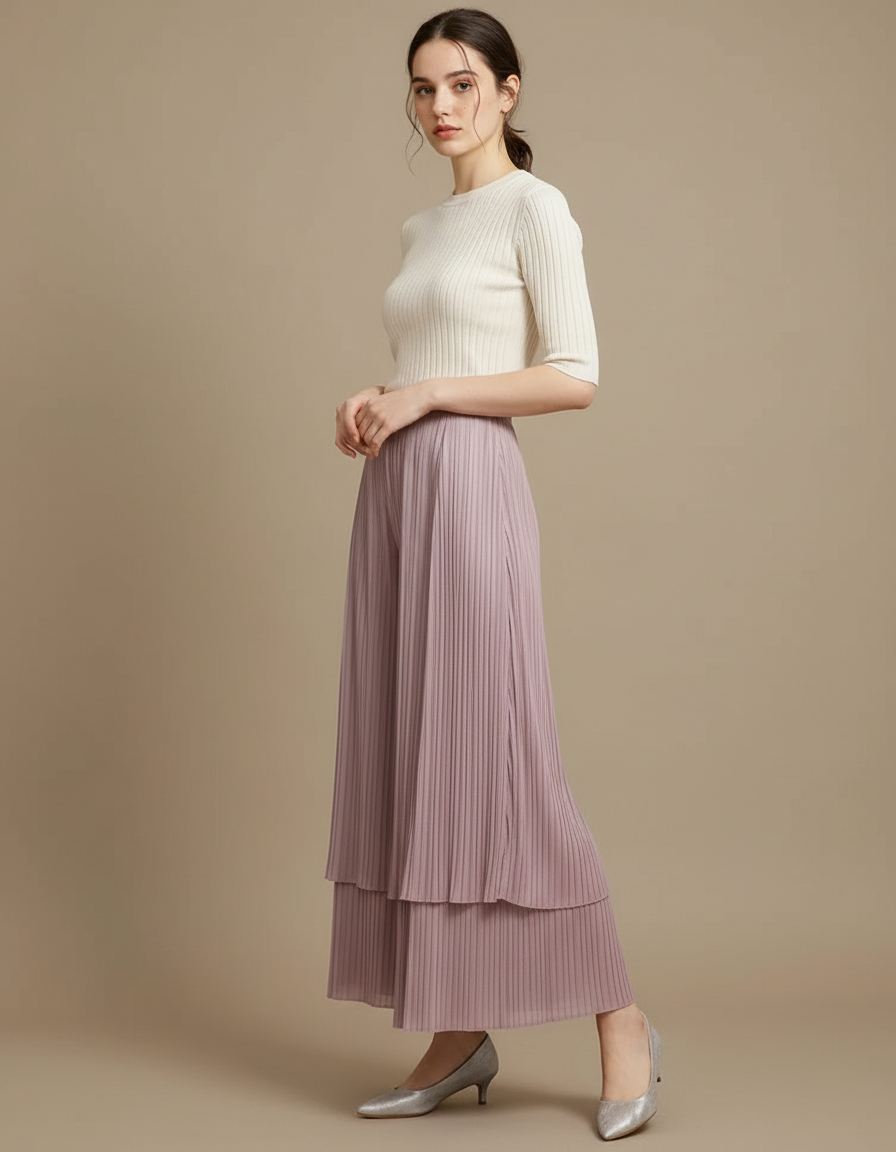 Pantalon Jupe Plissé Mauve Ample Élégant Superposé - Violet Polyester