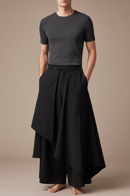 Pantalon Jupe Noir Ample Asymétrique Fluide Gothique - Polyester