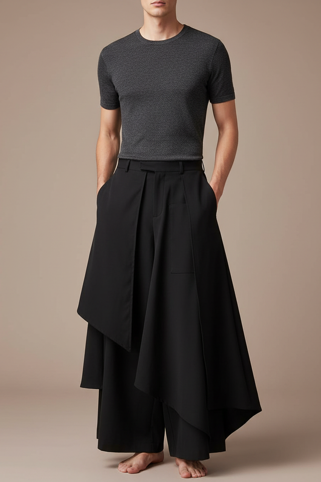 Pantalon Jupe Noir Ample Asymétrique Fluide Gothique - Polyester