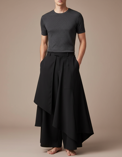 Pantalon Jupe Noir Ample Asymétrique Fluide Gothique - Polyester