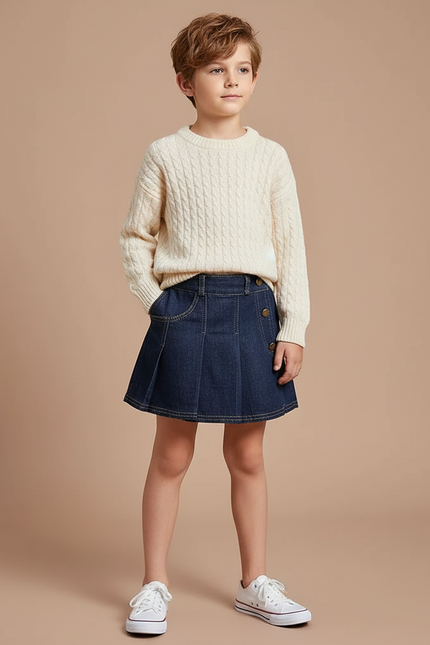 Pantalon Jupe Denim Bleu Plissé Décontracté Enfant - Jean