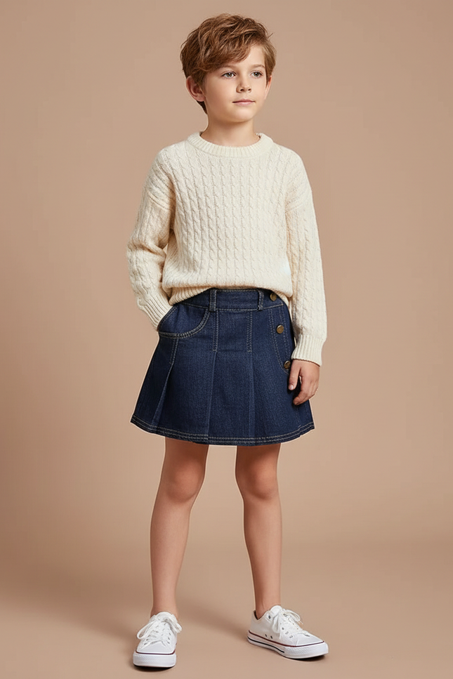 Pantalon Jupe Denim Bleu Plissé Décontracté Enfant - Jean