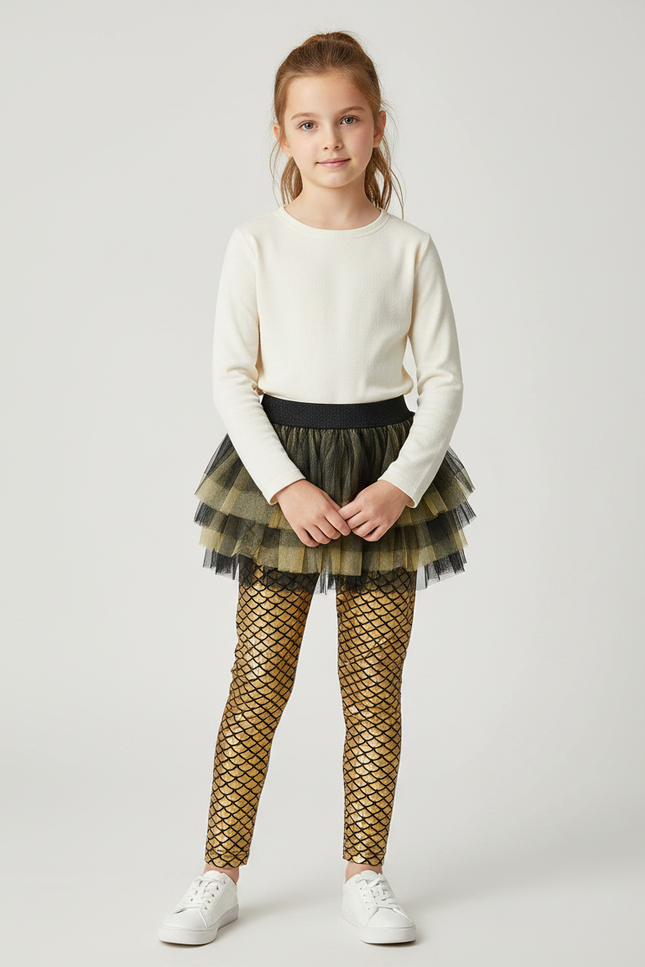 Pantalon Jupe Doré Scintillant Tulle Écaille Fille - Polyester