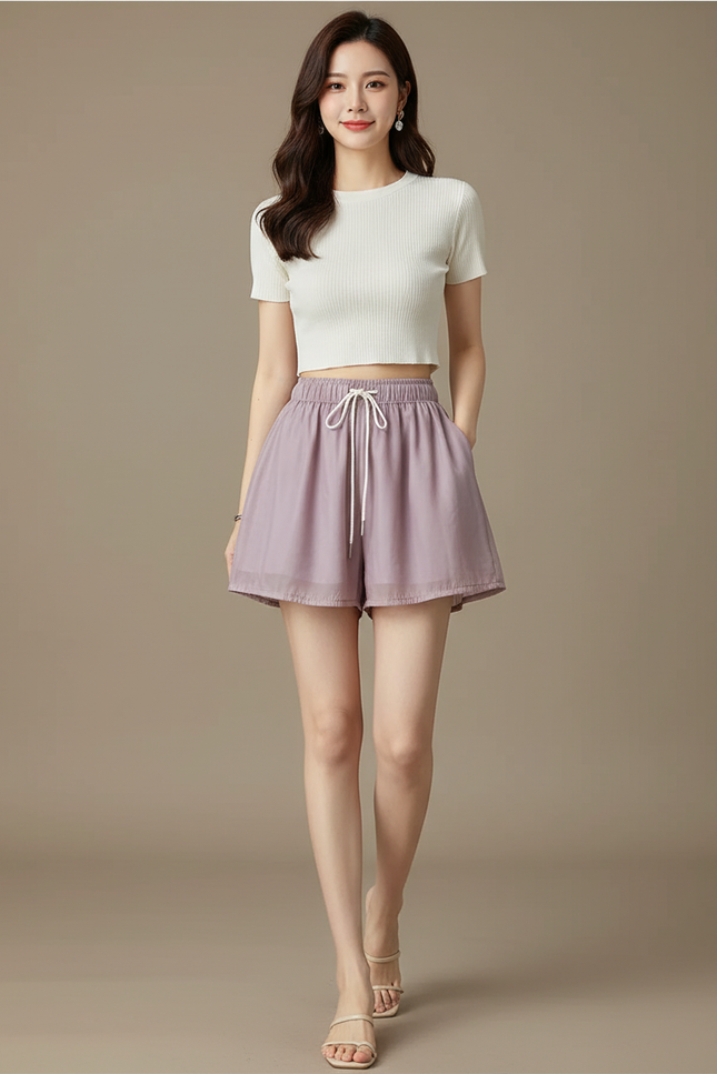 Pantalon Jupe Mauve Fluide Cordon Chiffon Ample - Violet Polyester
