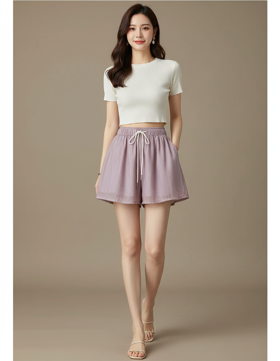 Pantalon Jupe Mauve Fluide Cordon Chiffon Ample - Violet Polyester