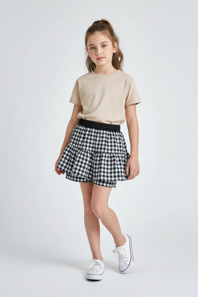 Pantalon Jupe Noir Carreaux Volants Confortable Fille - Coton