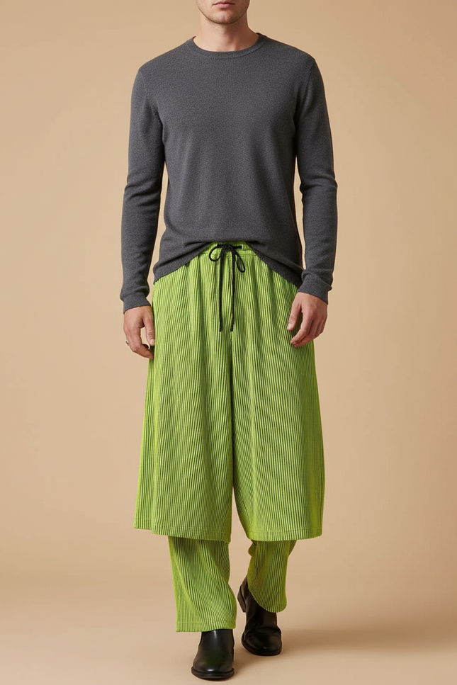 Pantalon Jupe Plissé Vert Fluide Décontracté Homme - Polyester