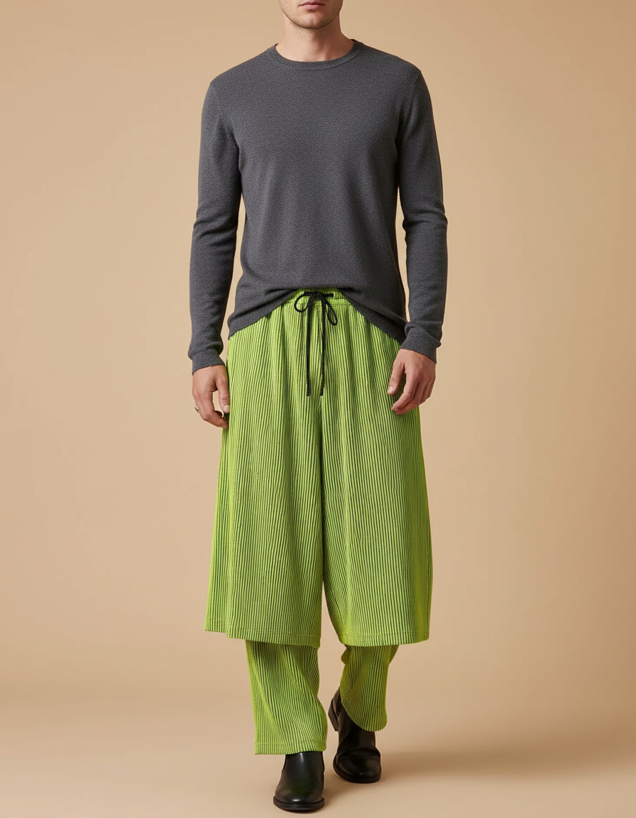 Pantalon Jupe Plissé Vert Fluide Décontracté Homme - Polyester