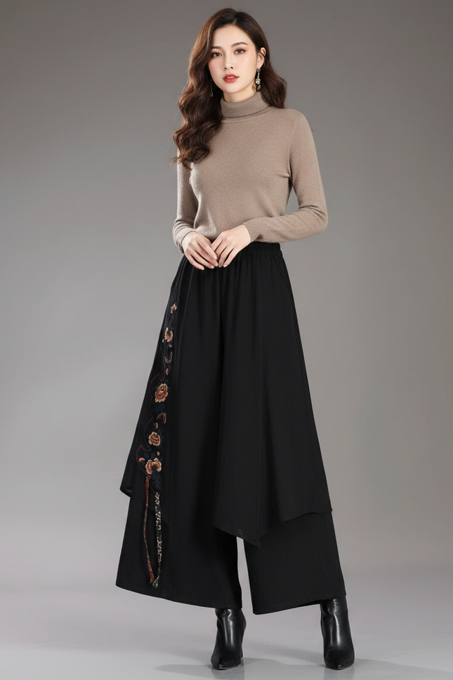 Pantalon Jupe Noir Brodé Ample Asymétrique Élégant - Polyester