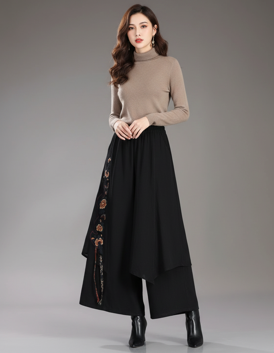 Pantalon Jupe Noir Brodé Ample Asymétrique Élégant - Polyester